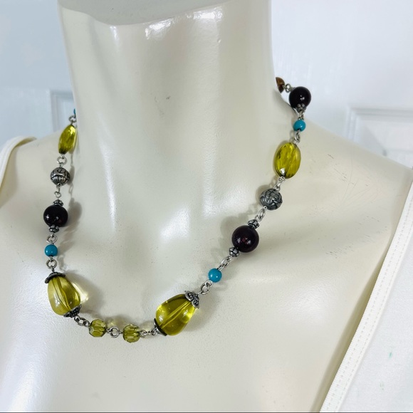 Boho adjustable necklace beaded silver green brown bohemian chain necklace - Picture 3 of 3